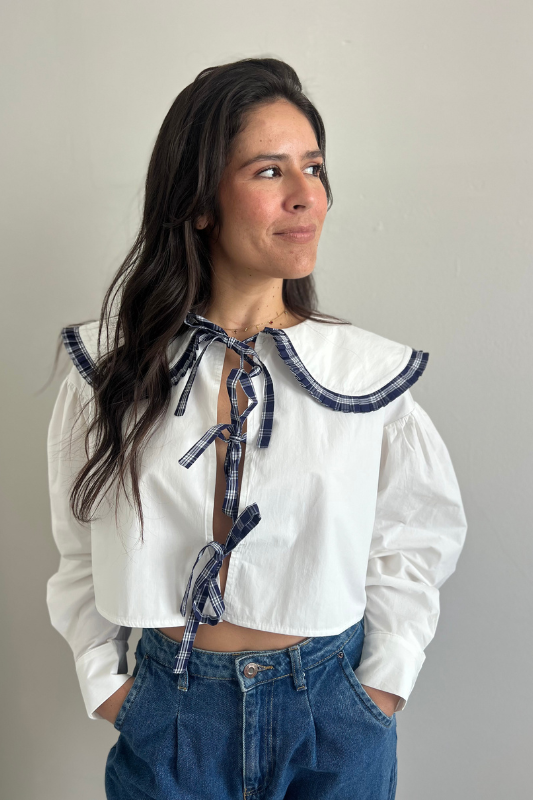 Ruffled Plaid Bib Blouse