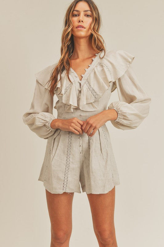 Linen Romper with Lace Crochet Trim and Ruffled Details - Briavio Boutique