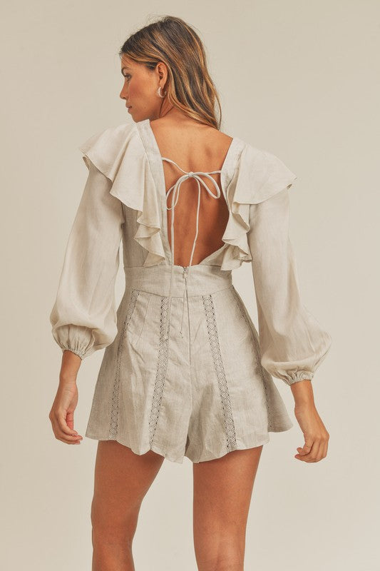 Linen Romper with Lace Crochet Trim and Ruffled Details - Briavio Boutique