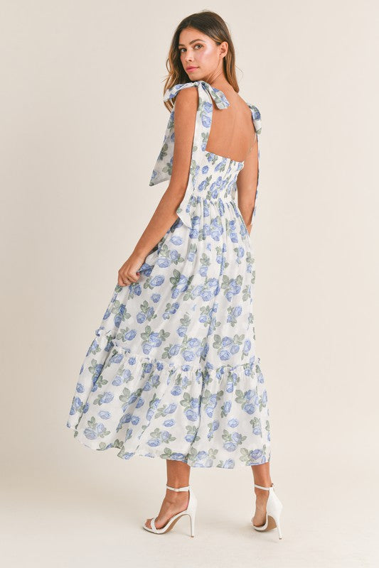 Midi Dress with Floral Bust, Ruched Details, and Shoulder Ties - Briavio Boutique