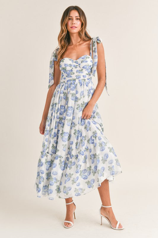 Midi Dress with Floral Bust, Ruched Details, and Shoulder Ties - Briavio Boutique