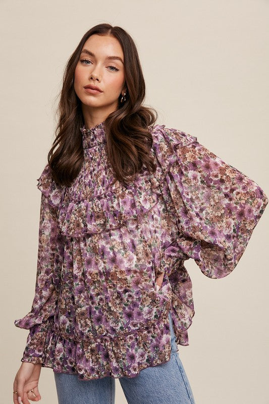 Floral Smocked Neck Blouse - Briavio Boutique