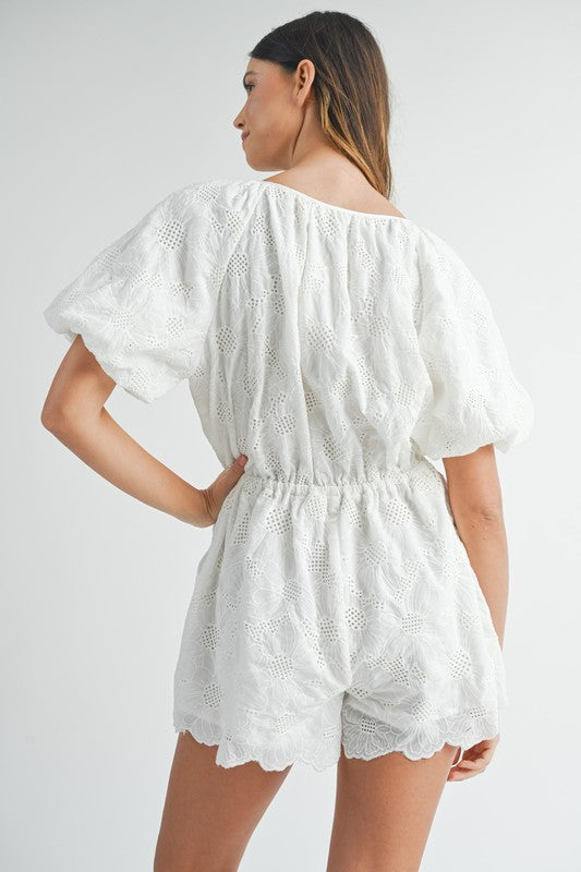 Puff Sleeve Romper with Embroidered Eyelet Lace - Briavio Boutique