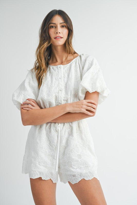 Puff Sleeve Romper with Embroidered Eyelet Lace - Briavio Boutique