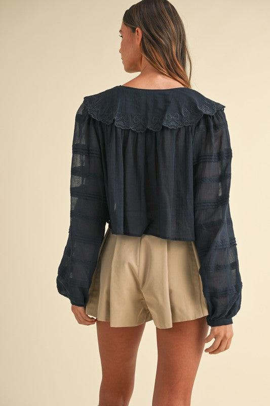 Crop Blouse with Bow Embroidery and Pintuck Sleeves - Briavio Boutique