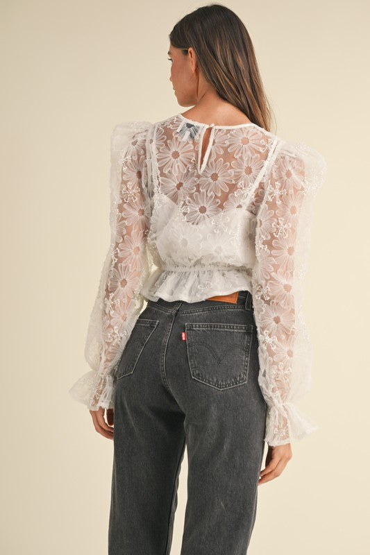 Embellished Floral Peplum Top with Textured Detail - Briavio Boutique