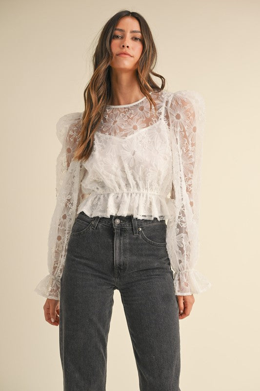 Embellished Floral Peplum Top with Textured Detail - Briavio Boutique