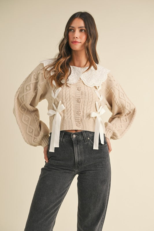 Embroidered-Collar Cable Cardigan