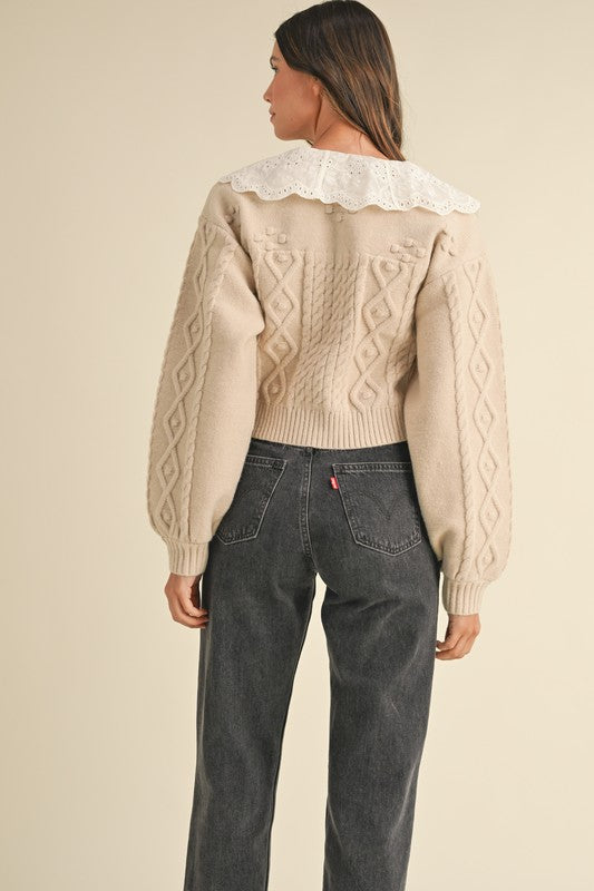 Embroidered-Collar Cable Cardigan