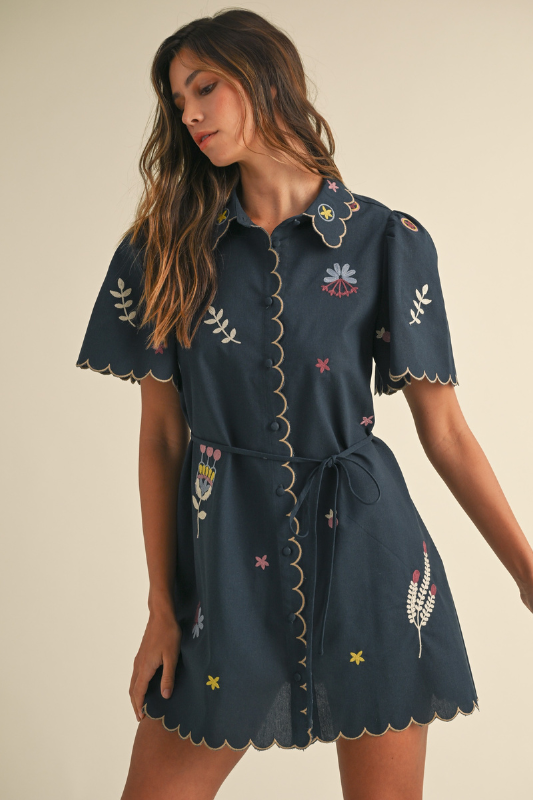 Embroidered Linen Button-Down Dress