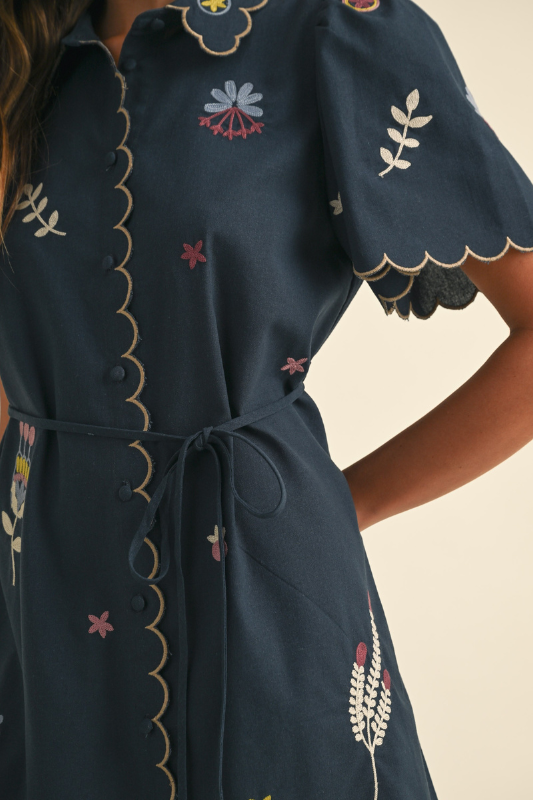 Embroidered Linen Button-Down Dress