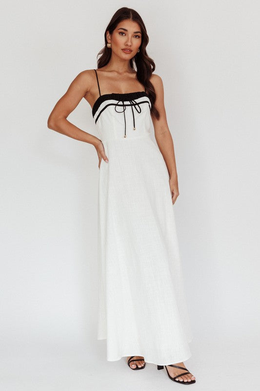 Maxi Dress with Front Ruched Detailing and Contrast Trim Tie-Up - Briavio Boutique